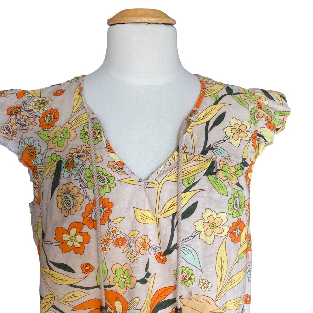 Hester & Orchard Linen Blend Cottagecore Shirt Floral Retro Boho Tassel Tie-M - Picture 2 of 11